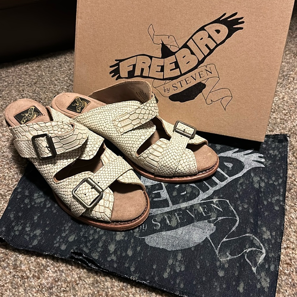 Freebird by Stephen size 9, caprice, white snake sandals.